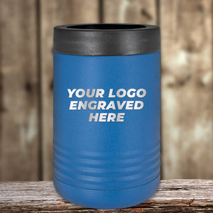 Blue insulated Custom Standard Can Holder with your Logo or Design Engraved by Kodiak Coolers, displayed on a wooden surface.