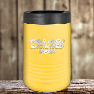 Yellow Custom Standard Can Holder with your Logo or Design Engraved - Low 6 Piece Order Minimal Sample Volume from Kodiak Coolers on a wooden surface.
