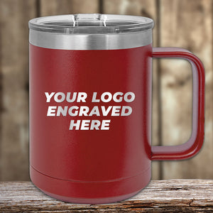 A red Custom Coffee Mug 15 oz with your logo laser-engraved on it by Kodiak Coolers.