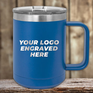A blue Custom Coffee Mug 15 oz with your logo laser-engraved for business branding by Kodiak Coolers.