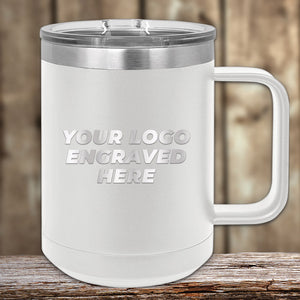 A white Custom Coffee Mug 15 oz with your logo engraved on it. Perfect for business branding and customized with laser-engraved logos. Made of insulated stainless steel, featuring vacuum-sealed insulation technology for enhanced performance. Offered by Kodiak Coolers at special bulk wholesale volume pricing.