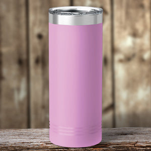 A gray Custom Skinny Tumbler 22 oz with the words your logo engraved here, featuring vacuum-sealed insulation technology by Kodiak Coolers.