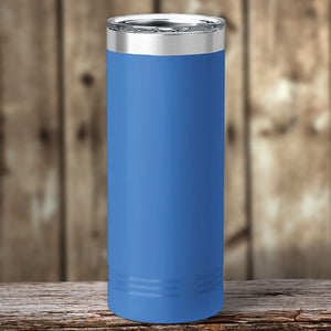 A red Custom Skinny Tumbler 22 oz with your logo or design engraved, featuring vacuum-sealed insulation technology and the option for custom logo laser-engraving from Kodiak Coolers.