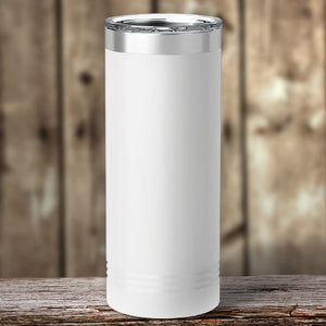 A customized Custom Skinny Tumblers 22 oz with your logo or design engraved here using vacuum-sealed insulation technology from Kodiak Coolers.