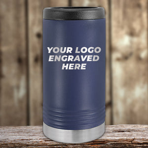 A Custom Slim Seltzer Can Holder with your Logo or Design Engraved - Low 6 Piece Order Minimal Sample Volume in navy blue from Kodiak Coolers displayed on a wooden surface against a blurred background.