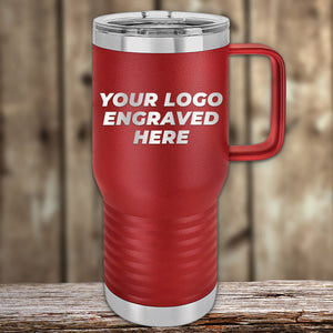 Red insulated Kodiak Coolers custom travel tumbler with a handle and placeholder text for customization, including options for an engraved logo on a wooden surface and rustic backdrop.