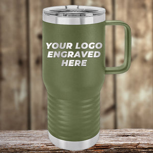 Green Kodiak Coolers insulated travel mug with an engraved logo area displayed on a wooden surface.