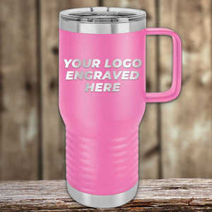 Pink insulated Kodiak Coolers travel tumbler with an engraved logo area on a wooden surface, available at wholesale pricing.
