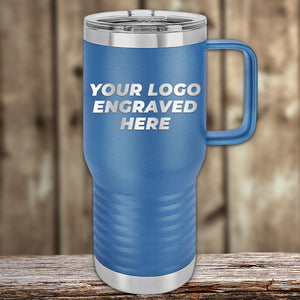 A blue insulated Kodiak Coolers custom travel tumbler with a handle and a sample text "your logo engraved here" indicating customizable branding space.
