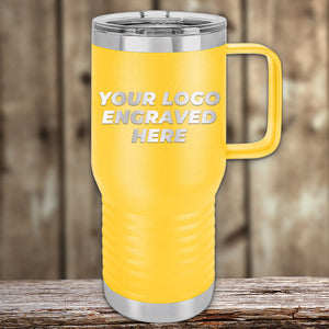 A yellow Kodiak Coolers insulated travel mug with handle and silver accents, laser engraved with "YOUR LOGO ENGRAVED HERE." Custom logo included—no setup fee—perfect promotional gift. Shown on a wooden surface with blurred wood background.