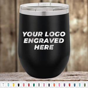 Black insulated Custom Wine Cups 12 oz with your Logo or Design Engraved displayed on a wooden background, perfect for Kodiak Coolers engraved logo drinkware promotional items.
