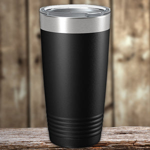 Black insulated stainless steel Custom Tumblers 20 oz with your Logo or Design Engraved on a wooden surface by Kodiak Coolers.