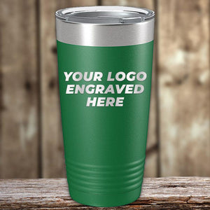 Green insulated Custom Tumblers Engraved with your Logo or Design by Kodiak Coolers with silver rim on a wooden surface, featuring text "your logo engraved here" in white, perfect as a corporate promotional gift.