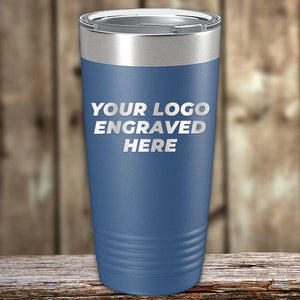 Blue insulated tumbler with engraved Kodiak Coolers logo for custom tumblers.