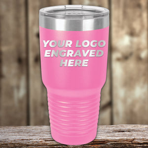 A custom pink tumbler from Kodiak Coolers with the words your business logo engraved here.