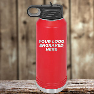 A custom Kodiak Coolers logo-engraved water bottle, featuring a laser-engraved logo on its red stainless steel body. Perfect for promoting your brand with style and functionality.