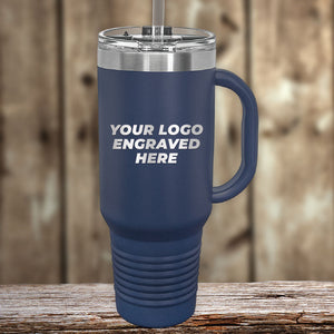 A Kodiak Coolers Custom 40 oz Travel Tumbler with Built in Handle and Straw - Stainless Steel - Special Bulk Wholesale Volume Pricing, with your business logo embossed on it, making it a perfect promotional gift.