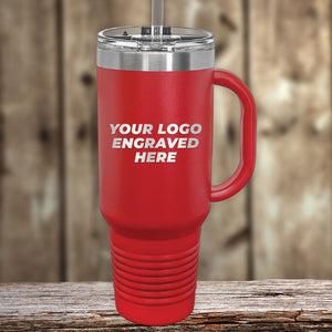 A red Custom 40 oz Travel Tumbler with Built in Handle and Straw - Stainless Steel - Special Bulk Wholesale Volume Pricing by Kodiak Coolers on a wooden table, ideal as a promotional gift for businesses looking to showcase their custom logo.