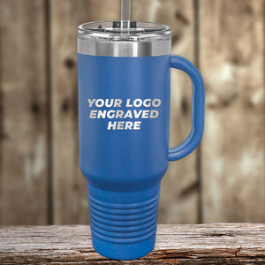 A promotional gift, a Kodiak Coolers Custom 40 oz Travel Tumbler with Built in Handle and Straw in blue and your business logo embossed on it.
