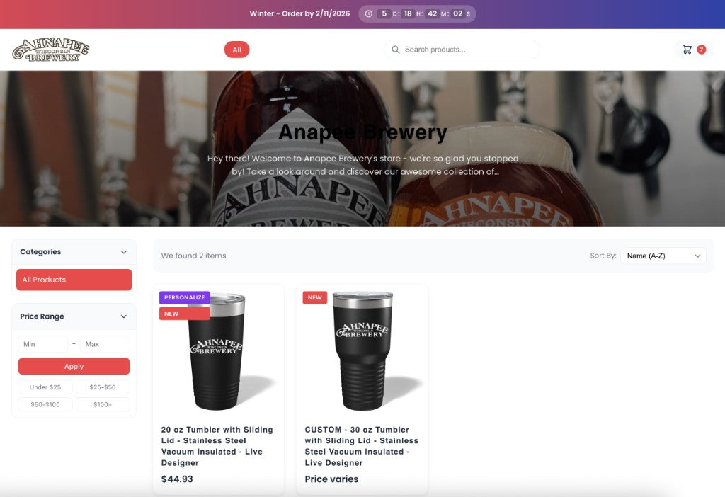 Anapee Brewery live storefront — branded merch store with countdown timer and product catalog